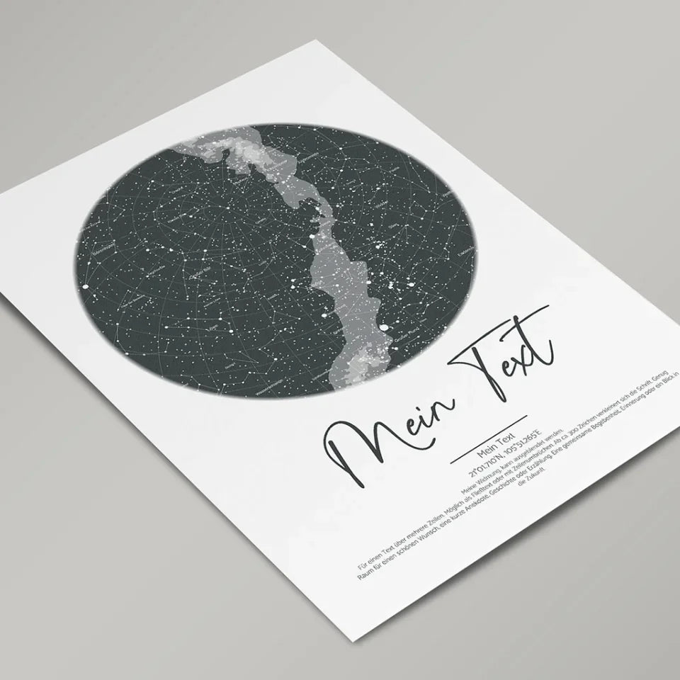 Personalisierte-Sternenkarte-rund-in-grau-mit-eigenem-Schreibschrift-Text-deinem-Ort-Augenblick-Hochformat-im-Holzrahmen-weiß
