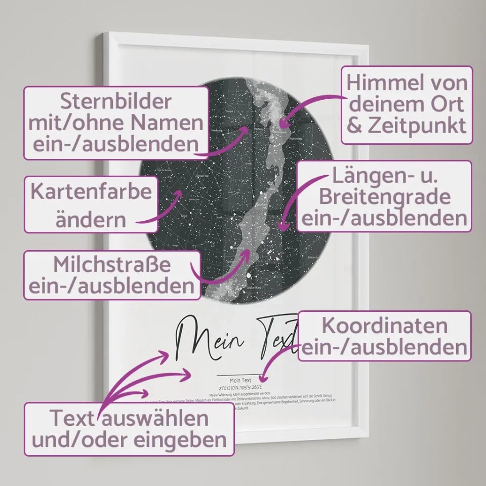 Personalisierte-Sternenkarte-rund-in-grau-mit-eigenem-Schreibschrift-Text-deinem-Ort-Augenblick-Hochformat-Personalisierungsmöglichkeiten