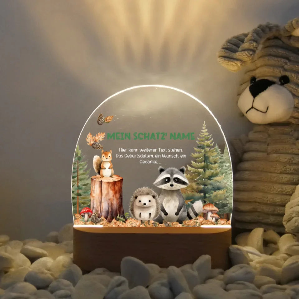 Personalisiertes-Nachtlicht-mit-eigenem-Text-und-waldtiere-Motiv-mit-waschbaer-igel-eichhoernchen-Licht-an-16,5x14,8x6cm