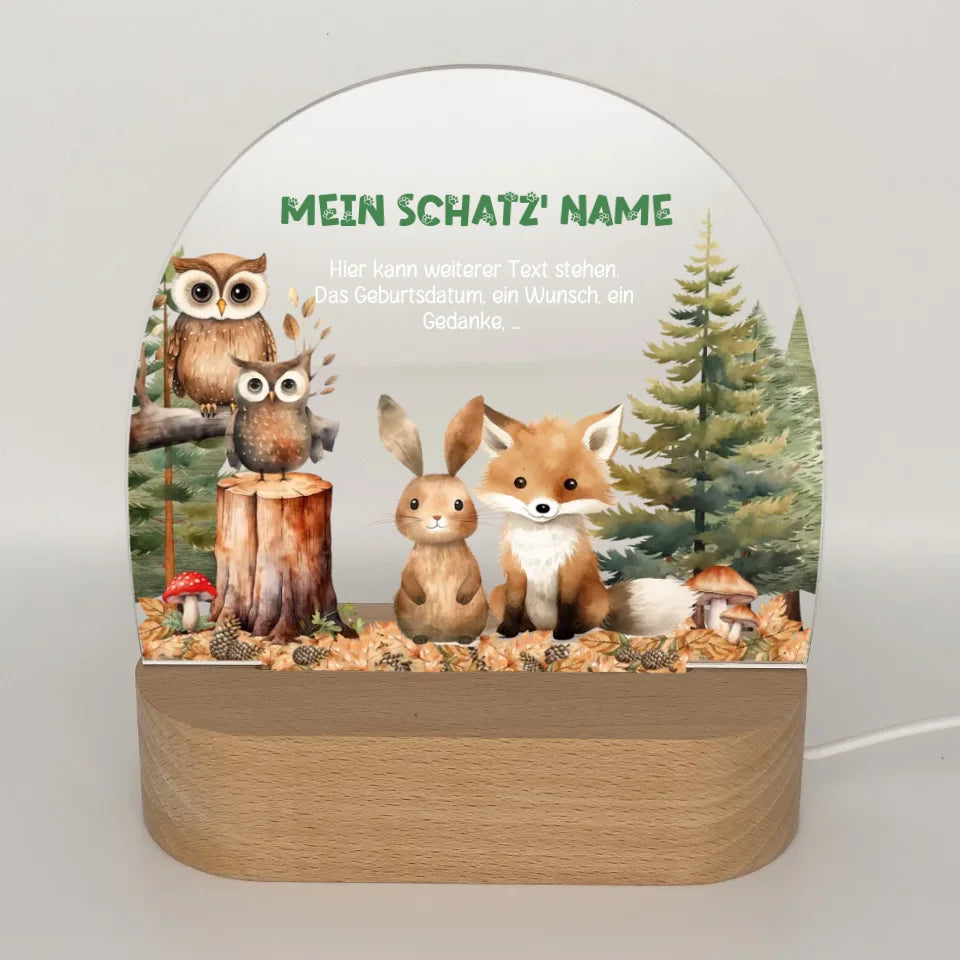 Personalisiertes-Nachtlicht-mit-eigenem-Text-und-Waldtier-Motiv-mit-Fuchs-Hase-und-Eulen-Licht-aus-16,5x14,8x6cm