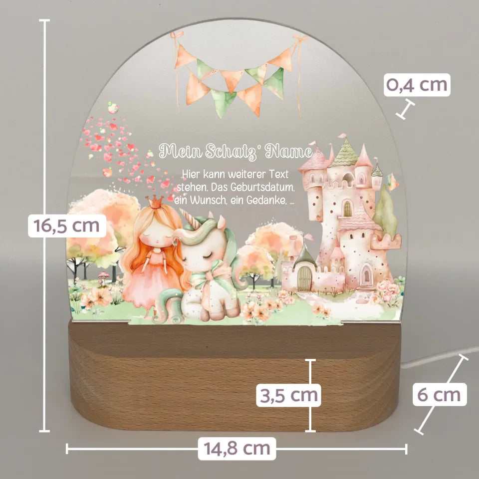 Personalisiertes-Nachtlicht-mit-Name-und-motiv-mit-prinzessin-und-einhorn-mit-Massangaben-16,5x14,8x6cm