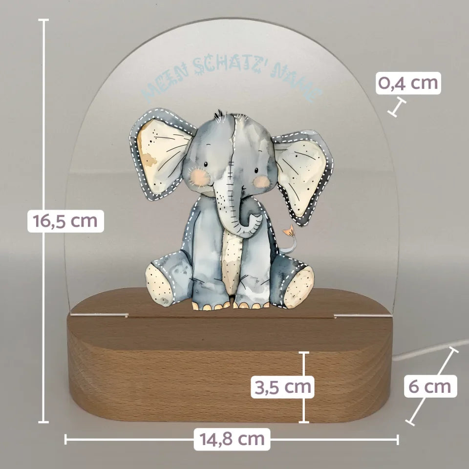 Personalisiertes-Nachtlicht-mit-Name-und-elefant-motiv-mit-Massangaben-16,5x14,8x6cm