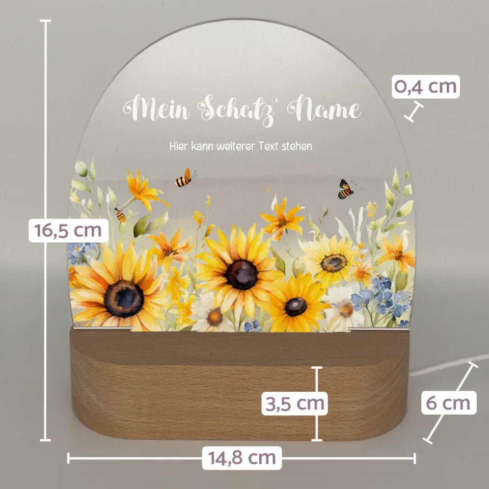 Personalisiertes-Nachtlicht-mit-Name-und-sonnenblumen-motiv-mit-Massangaben-16,5x14,8x6cm