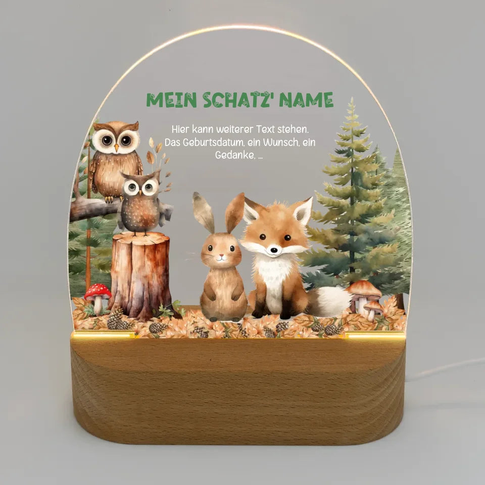 Personalisiertes-Nachtlicht-mit-eigenem-Text-und-waldtiere-Motiv-mit-fuchs-hasse-eule-Licht-an-16,5x14,8x6cm