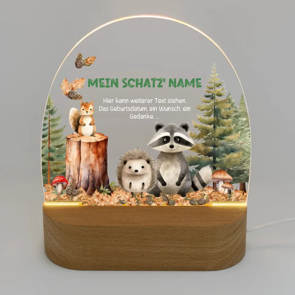 Personalisiertes-Nachtlicht-mit-eigenem-Text-und-waldtiere-Motiv-mit-waschbaer-igel-eichhoernchen-Licht-an-16,5x14,8x6cm