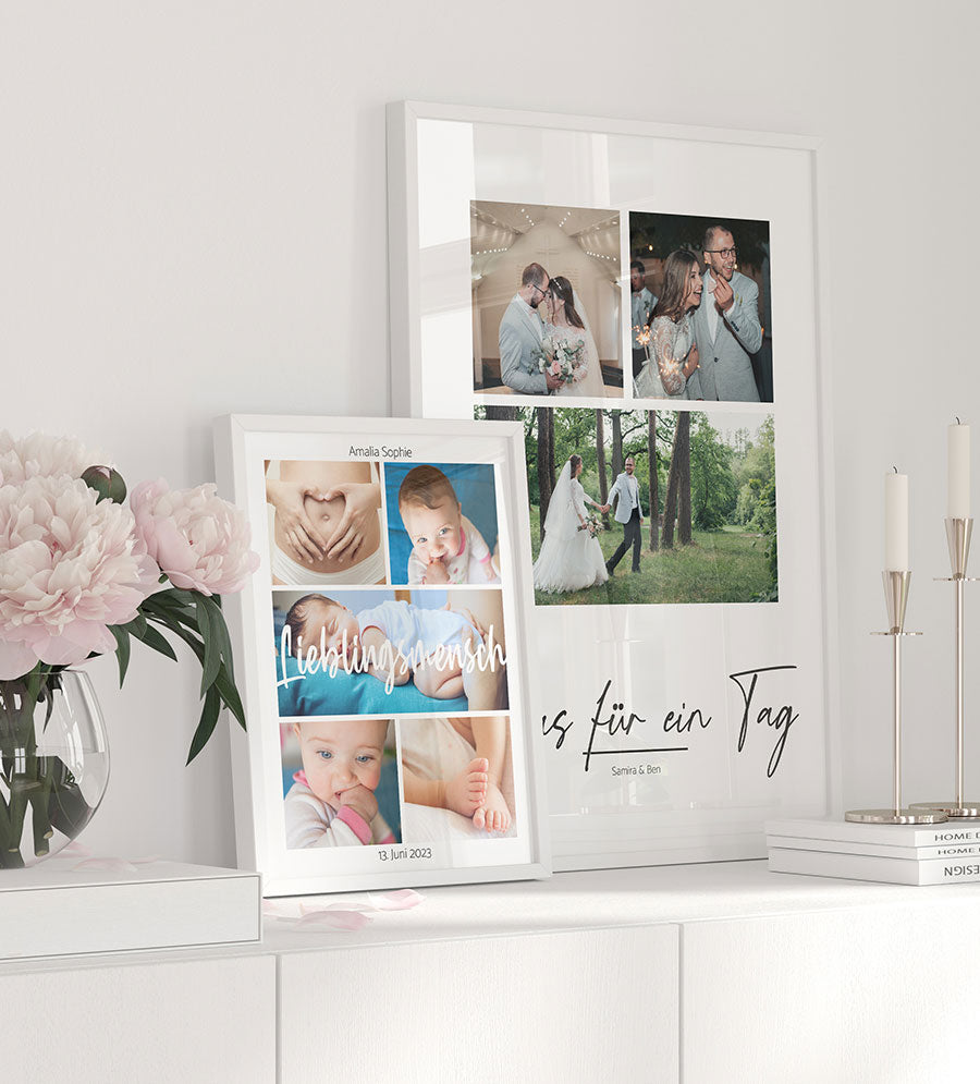 Personalisierbare-Fotocollagen-mit-Fotos-von-Baby-und-Hochzeit-in-weissem-Rahmen-auf-Sideboard-vor-weisser-Wand