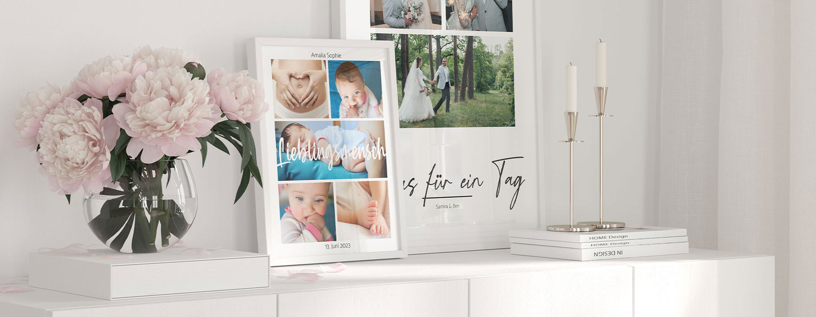 Personalisierbare-Fotocollagen-mit-Fotos-von-Baby-und-Hochzeit-in-weissem-Rahmen-auf-Sideboard-vor-weisser-Wand
